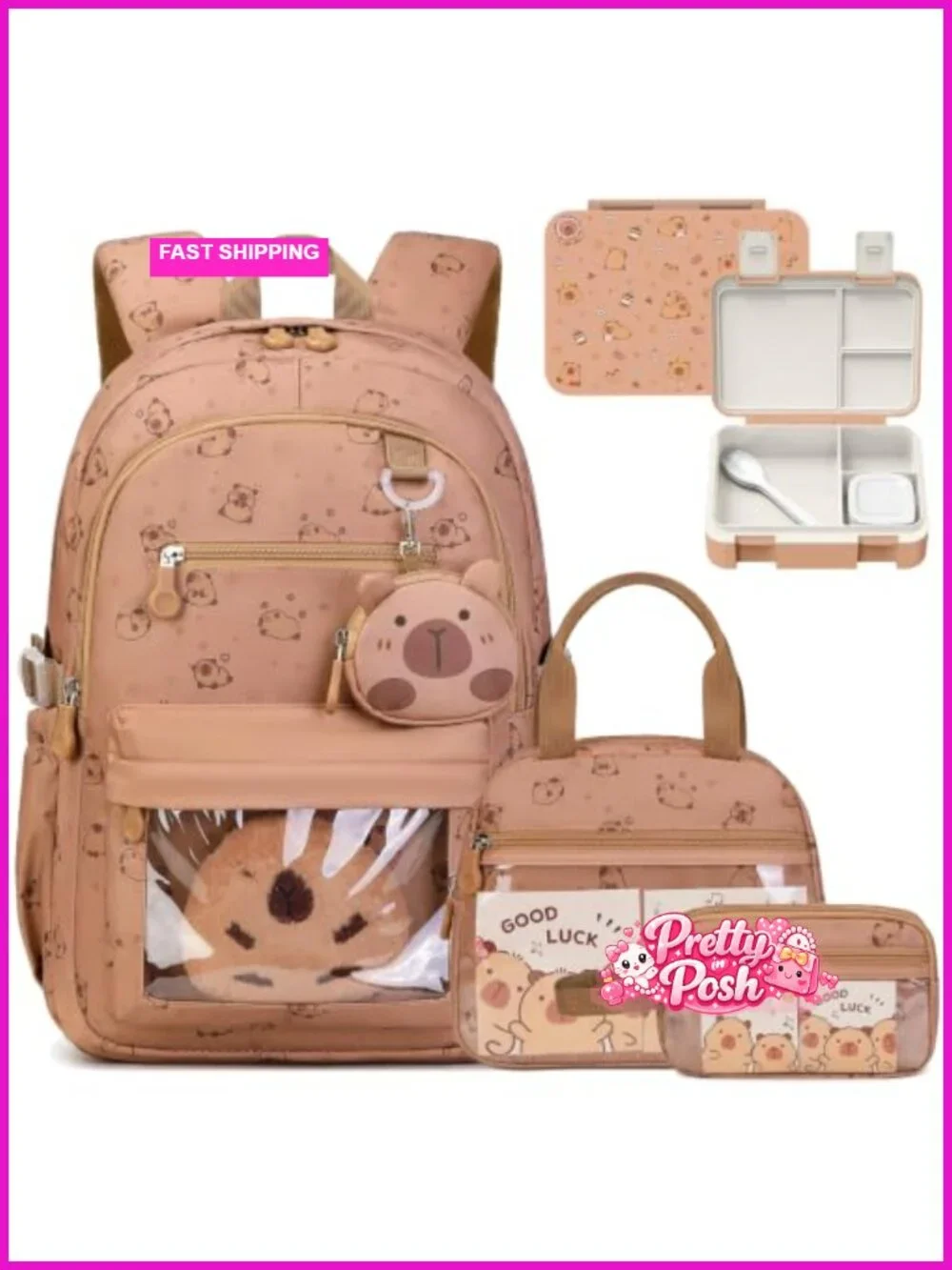 Capybara Backpack with Lunch Box Bag & Pencil Case for School Girls
